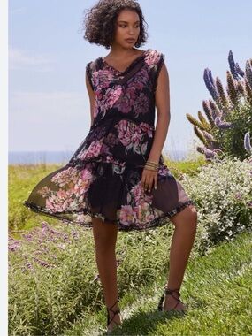 Johnny Was 100% silk sheer Floral Tiered V-Neck Black and Pink Sleeveless Dress